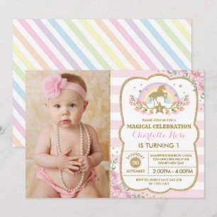Rainbow Floral Unicorn Invitation de fête d'annive