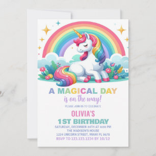 Rainbow Floral Unicorn Invitations d'anniversaire