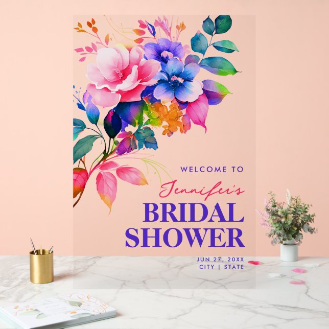 Rainbow Floral Watercolor Brautparty Willkommen Acrylschild (Hochzeit)