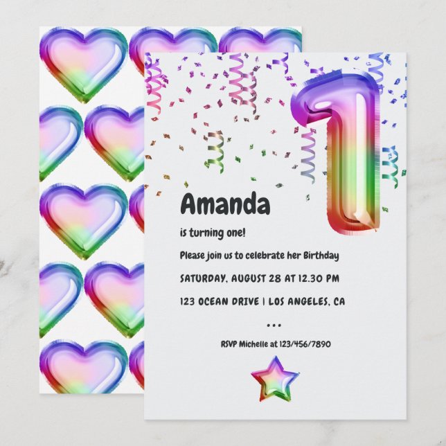 Rainbow Foil 1er Anniversaire Invitation (Devant / Derrière)