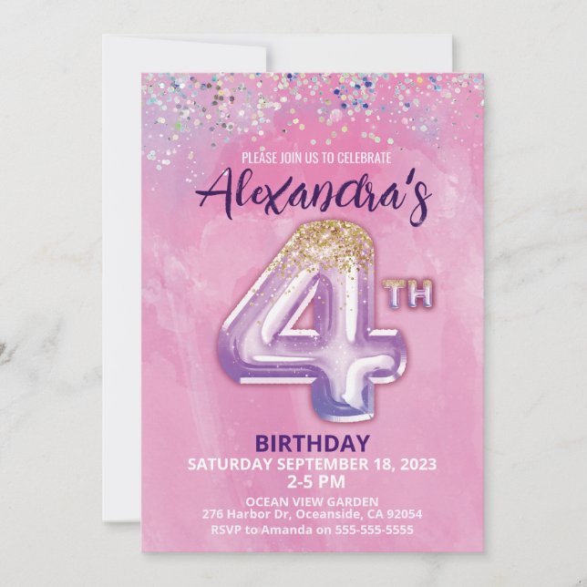 Rainbow Foil Balloon Girl 4th Birthday Invitation (Devant)