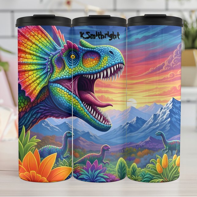 Rainbow Frilled Dinosaur Sunset Valley Thermosbecher (Von Creator hochgeladen)