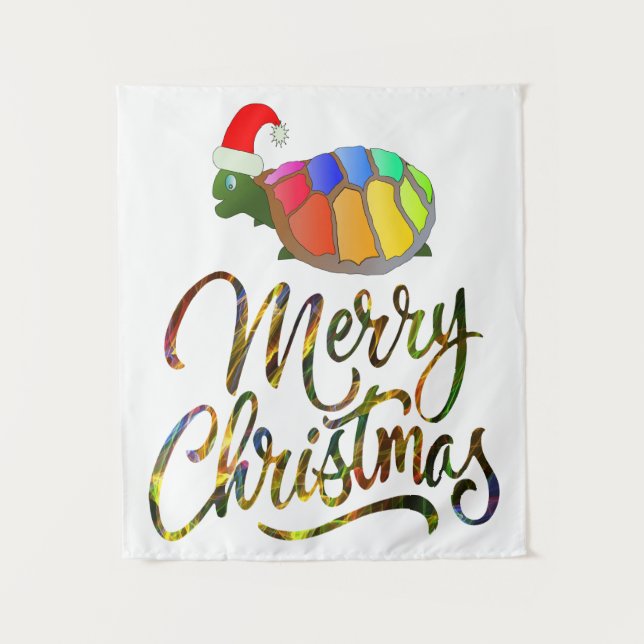 Rainbow Funny Turtle Wear Weihnachtsmannmütze Weih Wandteppich (Vorderseite)