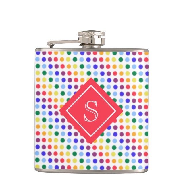 Rainbow Fuzzy Dots Personalisiert Monogramm Flachmann (Vorderseite)