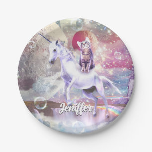 Rainbow Galaxy Katze, die im Weltraum einhorn reit Pappteller