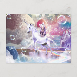 Rainbow Galaxy Katze, die im Weltraum einhorn reit Postkarte