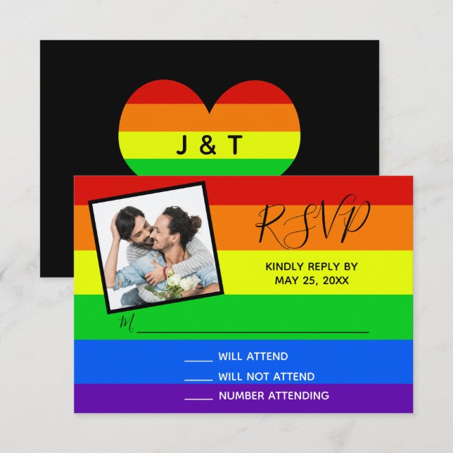 Rainbow Gay Pride Couple Foto Striping Wedding RSVP Karte (Vorne/Hinten)