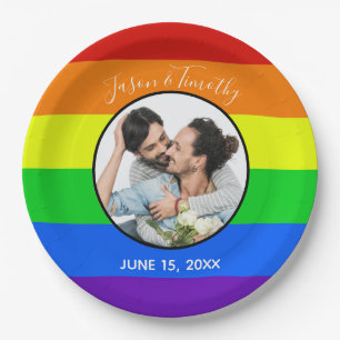 Rainbow Gay Pride Custom Couple Foto Bold Wedding Pappteller