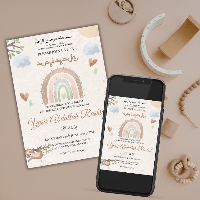 Rainbow Gender Neutral Newborn Baby Aqiqah Muslim Einladung (Rainbow Gender Neutral Newborn Baby Aqiqah Muslim Invitation)