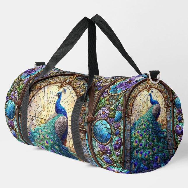 Rainbow-gestanztes Glass Peacock Große Duffel-Tasc Duffle Bag (Linke Ecke)