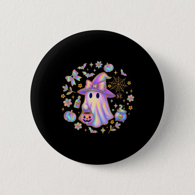 Rainbow Ghost Hexe Shirt Niedlich Pumpkin Cauldron Button (Vorderseite)