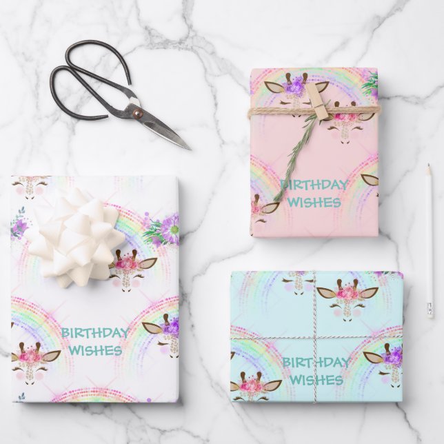 Rainbow Giraffe Faces Birthday Geschenkpapier Set (Vorderseite)