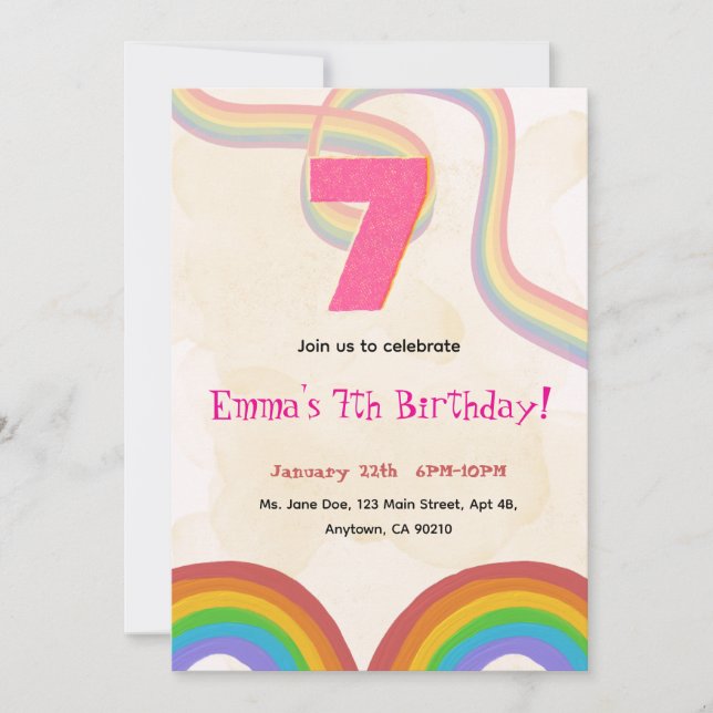 Rainbow Girl 7th Birthday Invitation (Devant)