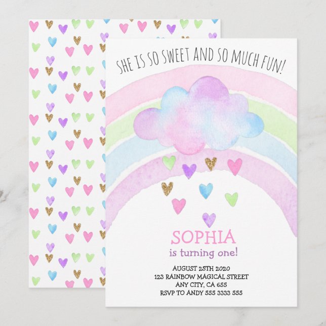 Rainbow Girl First Birthday Magical Gold Glitzer Einladung (Vorne/Hinten)