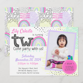 Rainbow Girl's 2. Geburtstag Kawaii Doodles Foto Einladung
