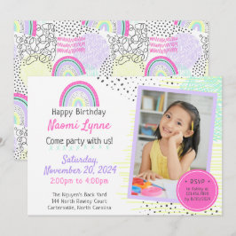 Rainbow Girl's 90er Geburtstag Kawaii Doodles Foto Einladung