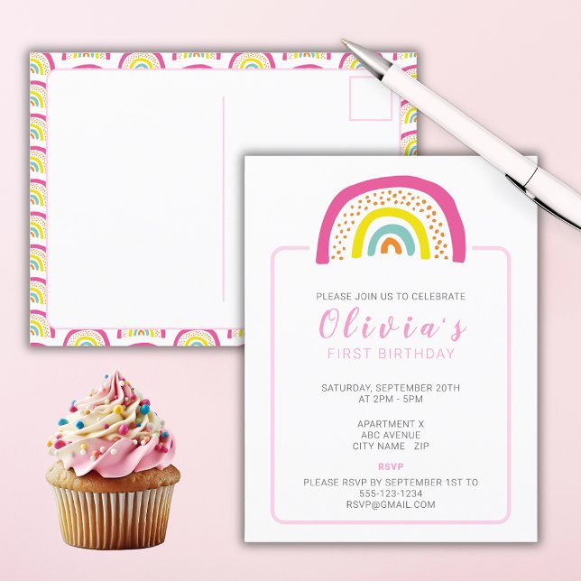 Rainbow Girls Einladung zum Geburtstag Postkarte (Girls Birthday Party Invitation postcard with colorful pink rainbow design.)