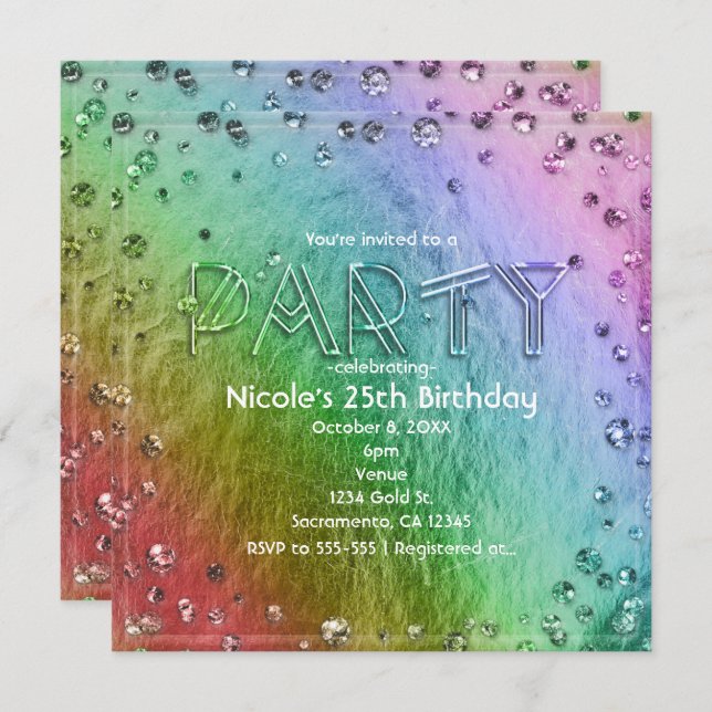 Rainbow Glam Faux Foil Bling Party Invitations (Devant / Derrière)