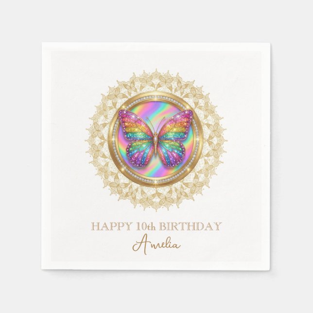 Rainbow Glitter Butterfly Elegant Lace Party Serviette (Vorderseite)
