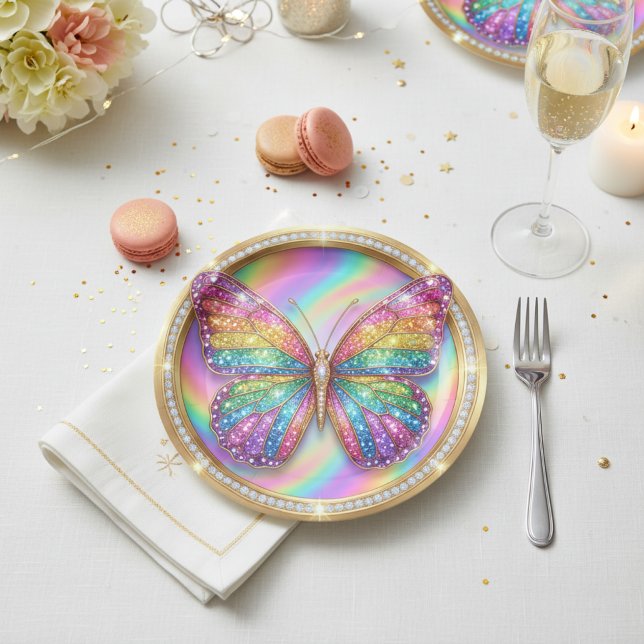 Rainbow Glitter Butterfly Party Paper Plates Pappteller (Von Creator hochgeladen)
