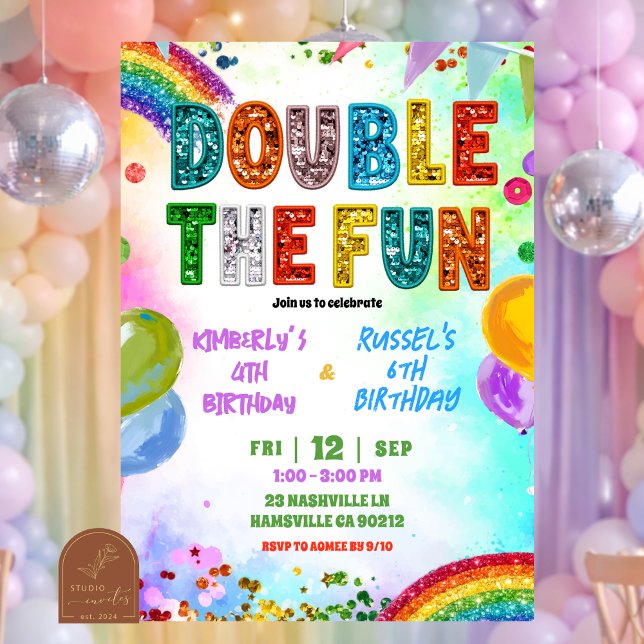 Rainbow Glitter Sequin Sibling Birthday Invitation Einladung (Von Creator hochgeladen)