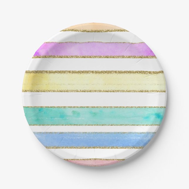 Rainbow Glitzer Aquarellstreifen Party Teller (Vorderseite)