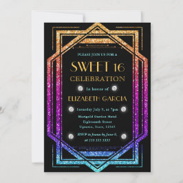 Rainbow Glitzer Art Deco Vintager Rahmen Sweet 16 Einladung