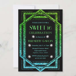 Rainbow Glitzer Art Deco Vintager Rahmen Sweet 16 Einladung