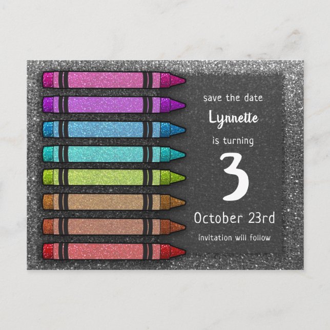 Rainbow Glitzer Crayon Niedlich Save the Date Gebu Ankündigungspostkarte (Vorderseite)