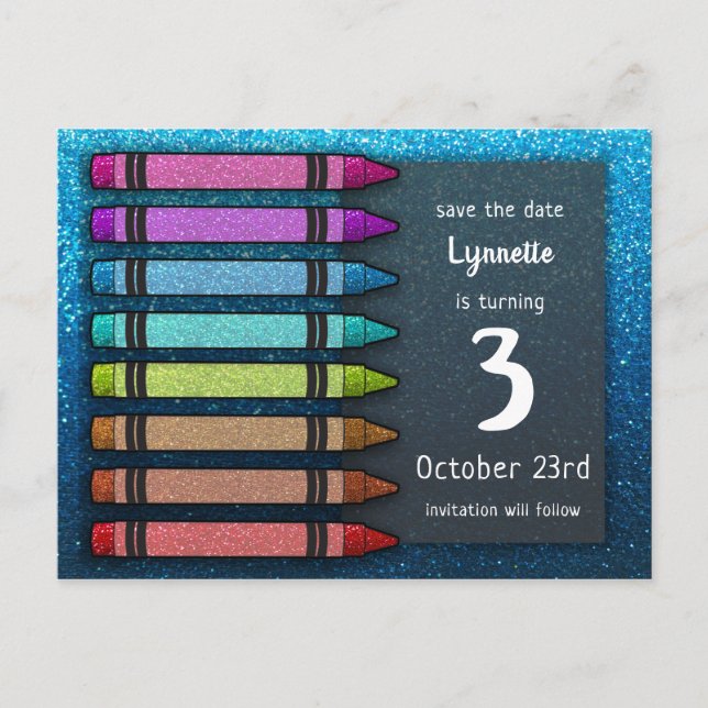 Rainbow Glitzer Crayon Niedlich Save the Date Gebu Ankündigungspostkarte (Vorderseite)