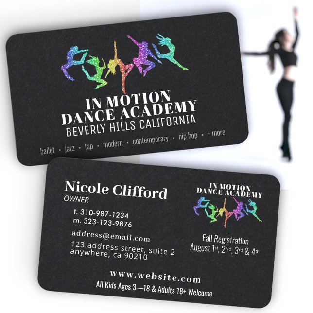 Rainbow Glitzer Dance Studio Black Business Cards Visitenkarte (Von Creator hochgeladen)