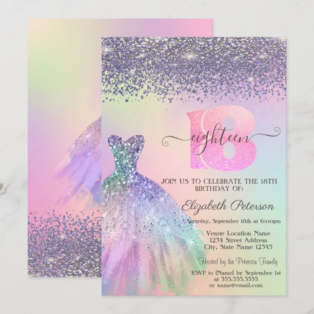 Rainbow Glitzer Dress Diamonds 18. Geburtstag Einladung (Vorne/Hinten)
