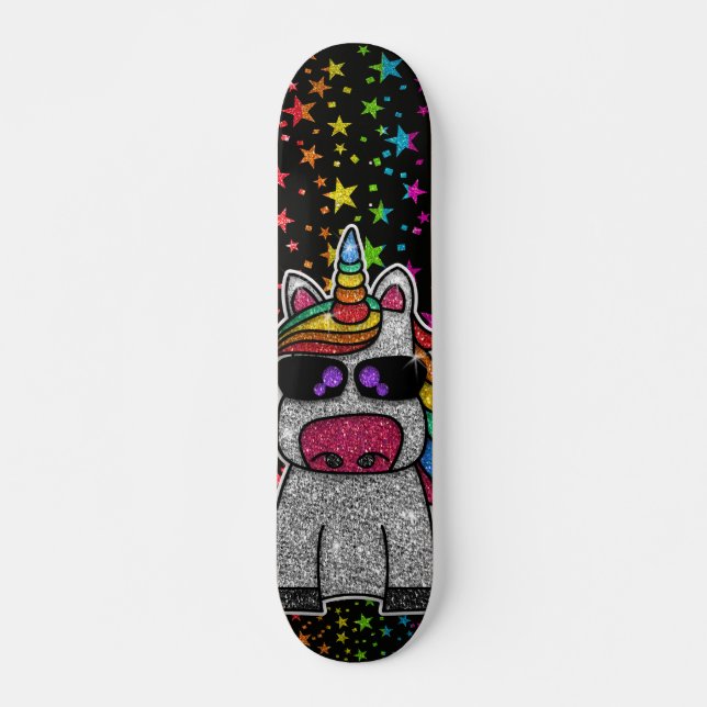 Rainbow Glitzer Einhorn Funkelnd Stars Sparkle Sk8 Skateboard (Vorne)