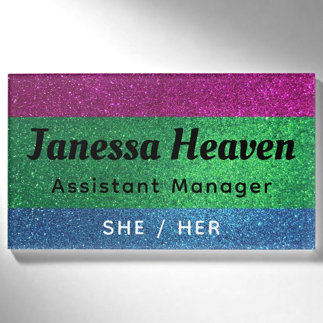 Rainbow Glitzer Funkelnd Polysexual Name Professio Namenschild (Vorderseite)