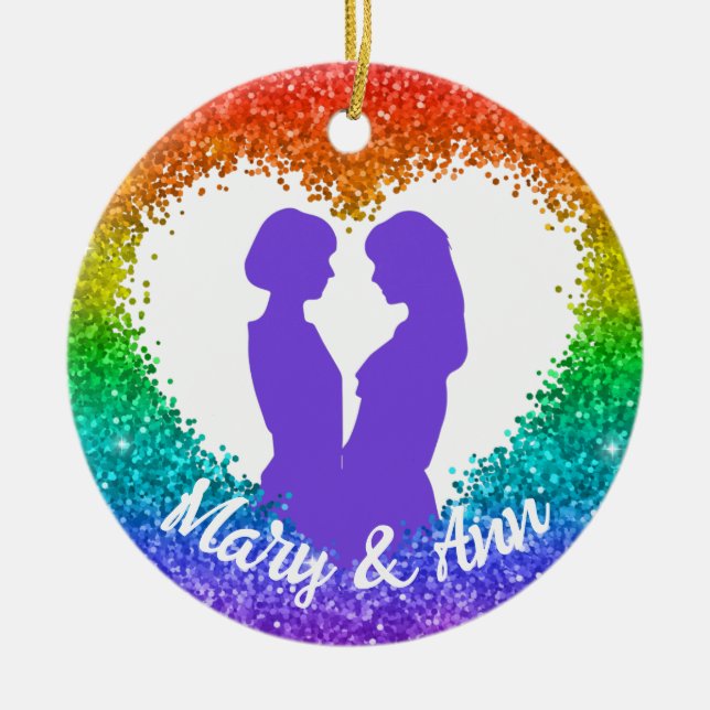 Rainbow Glitzer Heart LGBT Lesbische Weihnachtsnam Keramik Ornament (Vorne)
