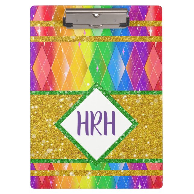 Rainbow Glitzer Monogram Prix Raute Diamond Klemmbrett (Vorderseite)