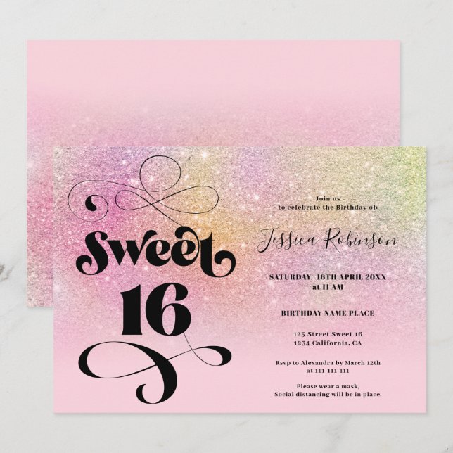 Rainbow Glitzer ombre chic girly pink Sweet 16 Einladung (Vorne/Hinten)