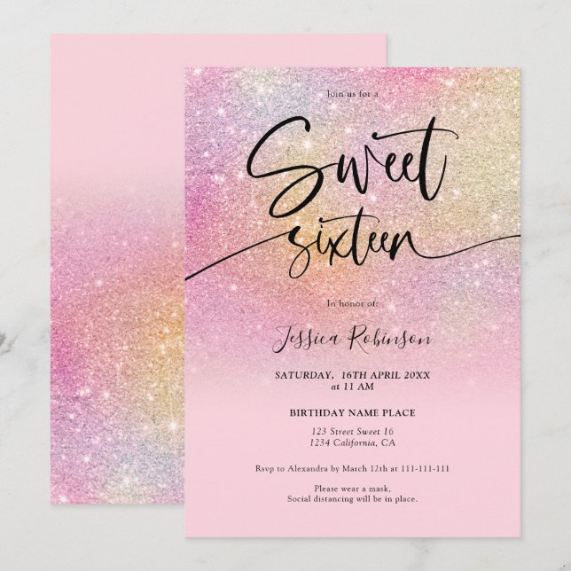 Rainbow Glitzer ombre girly pink Sweet 16 Einladung (Vorne/Hinten)