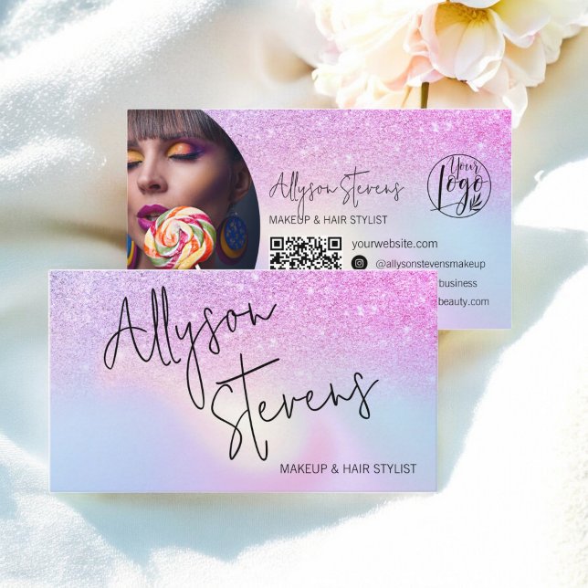 Rainbow Glitzer Ombre Holographic Makeup QR Visitenkarte (Rainbow Glitter Ombre Holographic Makeup QR Business Card)