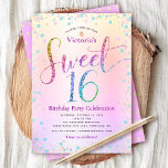 Rainbow Glitzer Ombre Script Sweet 16 Birthday Einladung<br><div class="desc">"Happy Sweet 16". Diese Einladung ist eine großartige Möglichkeit, Ihre Tochter ihren Geburtstag mit all ihren Freunden feiern zu lassen. Schicken Sie diese atemberaubende, funkelnd, mädchenhafte, festliche, moderne, personalisierte Party Einladung für eine Veranstaltung, an die Sie sich erinnern können. Rainbow-Glitzer-Schriftzeichen, zusammen mit festlich türkisfarbenen, lila Rosa- und Goldkonfetti, überlagern einen...</div>