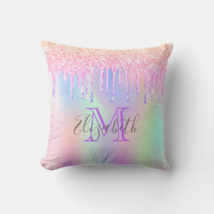 Rainbow-Glitzer Rosa-Monogramm-Hologramm-Funkel Kissen