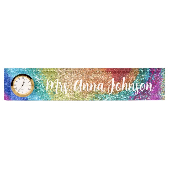 Rainbow Glitzer Schreibtisch Name Plakat Namensplakette (Vorderseite)
