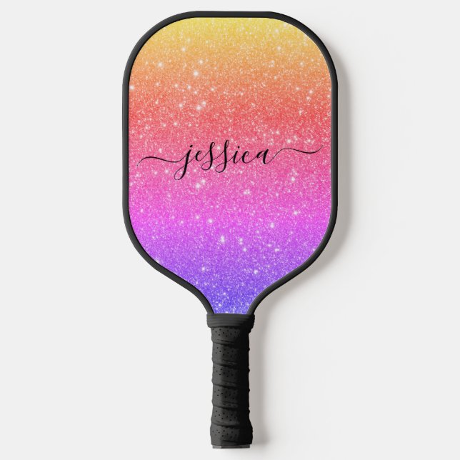 Rainbow Glitzer Skriptname Pickleball Paddel Pickleball Schläger (Vorderseite)