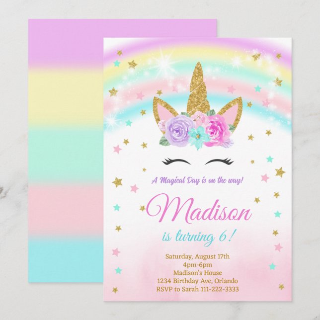 Rainbow Glitzer Stars Unicorn Einladung zum Geburt (Vorne/Hinten)