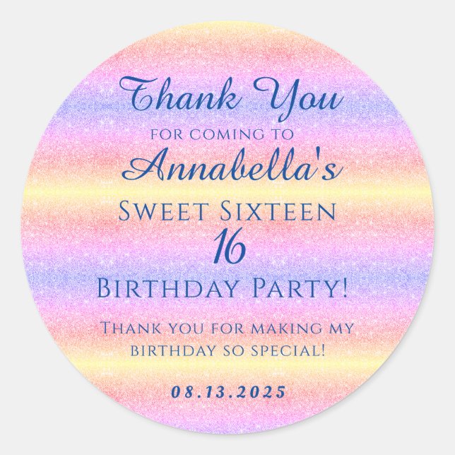 Rainbow Glitzer Sweet 16 Sechzehn Vielen Dank Runder Aufkleber (Vorderseite)