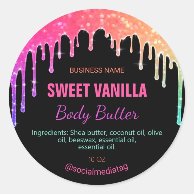 Rainbow Glitzer Tropfen Body Butter Labels Runder Aufkleber (Vorderseite)