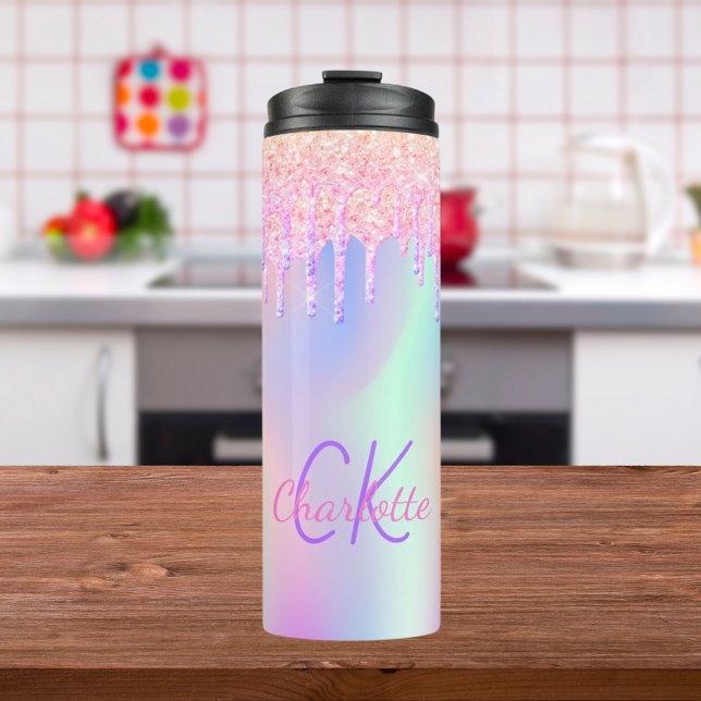 Rainbow-Glitzer-Tropfen rosa holografische Monogra Thermosbecher (Von Creator hochgeladen)