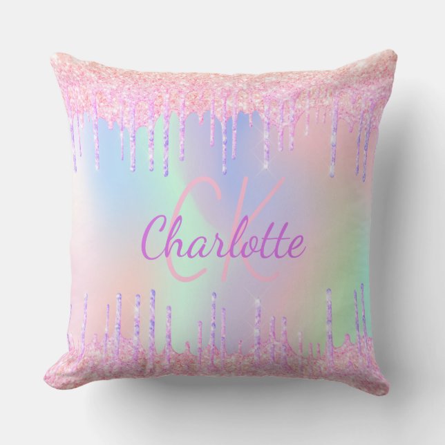 Rainbow-Glitzer-Tropfen rosa lila Monogrammschrift Kissen (Vorderseite)