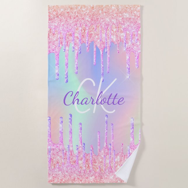 Rainbow Glitzer Tropfen rosa Monogramm Strandtuch (Vorderseite)