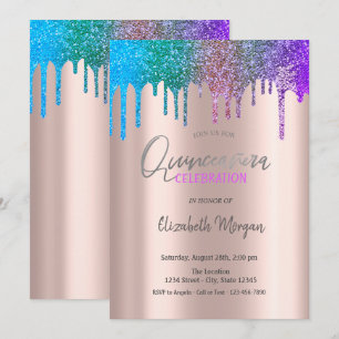Rainbow Glitzer Tropfen Rose Gold Quinceañera Einladung